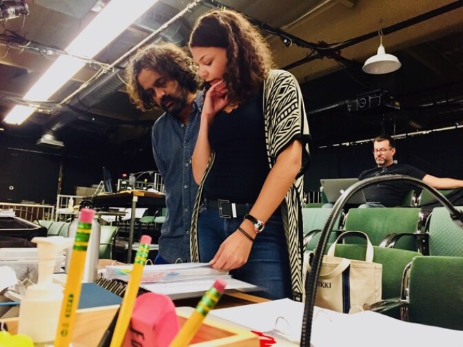 Director Shishir Kurup and stage manager Nikki Hyde with Cornerstone artistic director Michael John Garces (rear) at a rehearsal for "The Magic Flute."