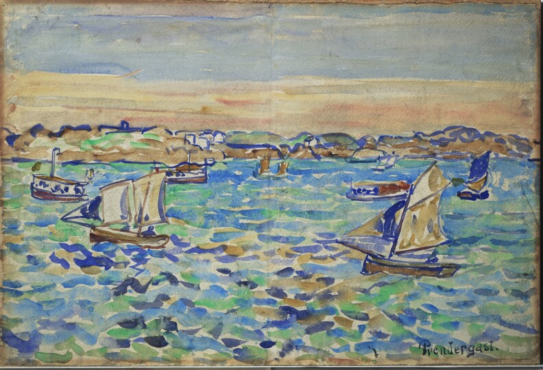 A painting of boats on a sea, with land visible in the background.