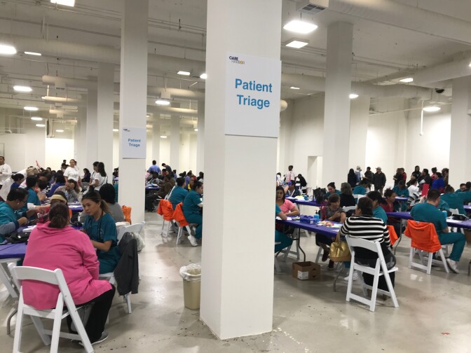 The patient triage area of CareHarbor's free 'Mega Clinic' in LA. 
