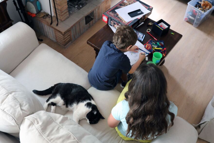 ROME, ITALY - MAY 13: Isabella and Simone are seen as they attend an online school lesson on May 13, 2020 in Rome, Italy. The Perrotta - Repetto family is made up of Paola Perrotta, a 40-year-old press officer, her husband Mattia Repetto, a 42-year-old journalist, and their two children, 10-year-old Isabella and 5-year-old Simone. Paola and Mattia work from home in front of a computer all day, at the same time taking care of the children, who require online teaching for part of the day while the schools remain closed. As restrictions are lifted and some Italians are allowed to return to work, schools and daycares remain closed, leaving working parents in a difficult situation. This especially affects mothers, who, according to gender inequality studies, are more often caregivers in Italy's patriarchal society and must choose between their children and their careers. (Photo by Marco Di Lauro/Getty Images)