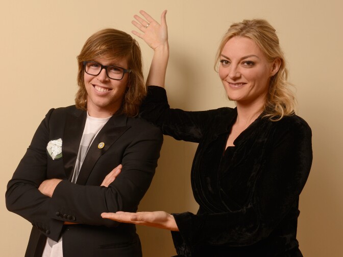 Walker poses with her subject at the 2013 Sundance Film Festival. Pearce has since returned to snowboarding, though he's taking it slow.