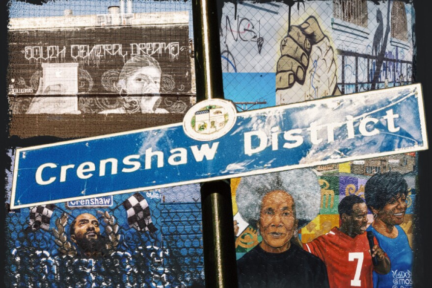 A composite photo shows portions of various murals in the Crenshaw District, including an image of rapper Nipsey Hussle.