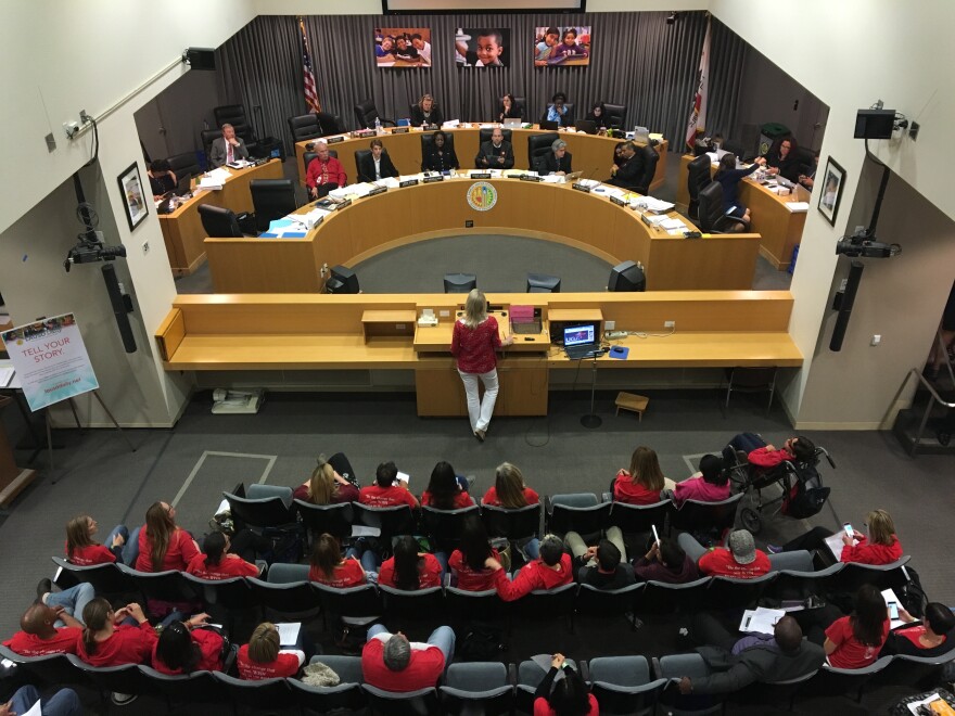 Los Angeles Unified School Board members hear public comment during a recent meeting. The public television station it operates, KLCS, broadcasts all board meetings.
