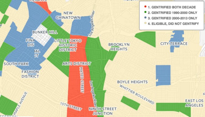 A gentrification map produced by UC Berkeley and UCLA shows areas where displacement and higher rents over tracts of time. 