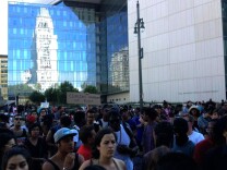 Protesters gather in front of Los Angeles Police headquarters in downtown L.A. on Sunday, August 17, 2014 to protest the shooting death of Ezell Ford by Los Angeles police. 