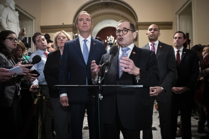 WASHINGTON, DC - JANUARY 21: (L-R) House impeachment managers  Rep. Zoe Lofgren (D-CA), Rep. Adam Schiff (D-CA), Rep. Jerry Nadler (D-NY), Rep. Hakeem Jeffries (D-NY) and Rep. Jason Crow (D-CO) speaks to reporters during a brief media availability before the start of the impeachment trial at the U.S. Capitol on January 21, 2020 in Washington, DC.  The Senate impeachment trial of U.S. President Donald Trump resumes on Tuesday. (Photo by Drew Angerer/Getty Images)