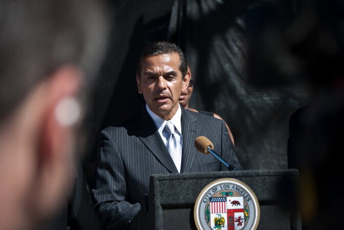 Mayor Antonio Villaraigosa talks to the media about the decision in the case of Doe v. Deasy on June 12, 2012. The case is wanting to make LAUSD to include student performance data as part of its evaluation of teachers and school administrators. 