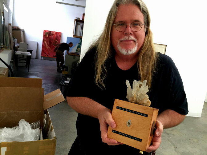 Jeffrey Vallance unwraps "Kahlo Spirit Crystal," a piece in his CB1 Gallery exhibit Jeffrey Vallance: The Medium is the Message, on view from July 25 through September 5, 2015.