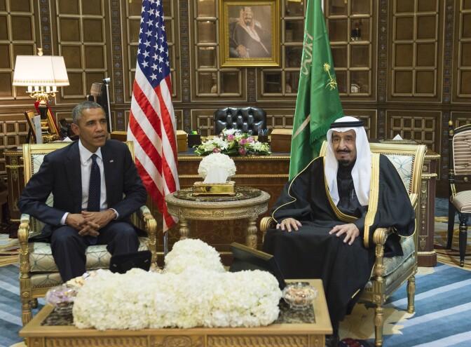 Saudi's newly appointed King Salman (R) meets with US President Barack Obama at Erga Palace in Riyadh on January 27, 2015. Obama landed in Saudi Arabia with his wife First Lady Michelle Obama to shore up ties with King Salman and offer condolences after the death of his predecessor Abdullah. AFP PHOTO / SAUL LOEB        (Photo credit should read SAUL LOEB/AFP/Getty Images)