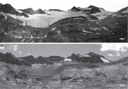 Two black and white photos one above the other. Top photo shows a mountain landscape with a distinct, white glacier running through the middle of the photo. Bottom photo shows exact mountain range, minus the white glacier.