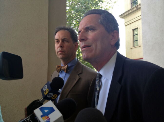 Investigators from the L.A.  Office of Independent Review Rob Miller and Michael Gennaco, April 5, 2012. They spoke to media outside of Pasadena Police headquarters after meeting with the police chief and city manager about the investigation into the police-involved shooting of unarmed teen Kendrec McDade.