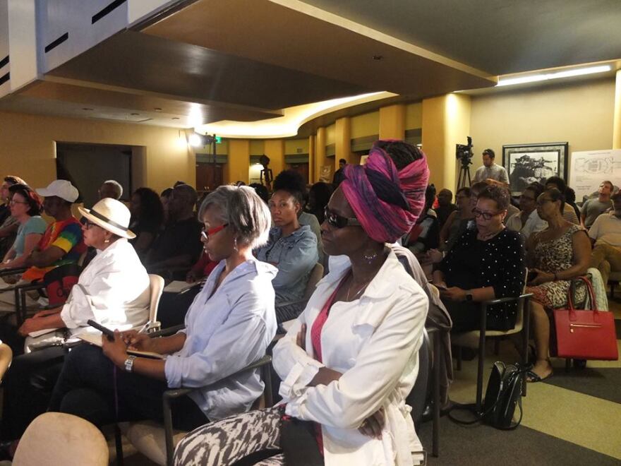 The audience at a community discussion of African-American publishing at the Vision Theater in Leimert Park where Harriet Tubman Press was announced on Monday, Aug. 15, 2016.
