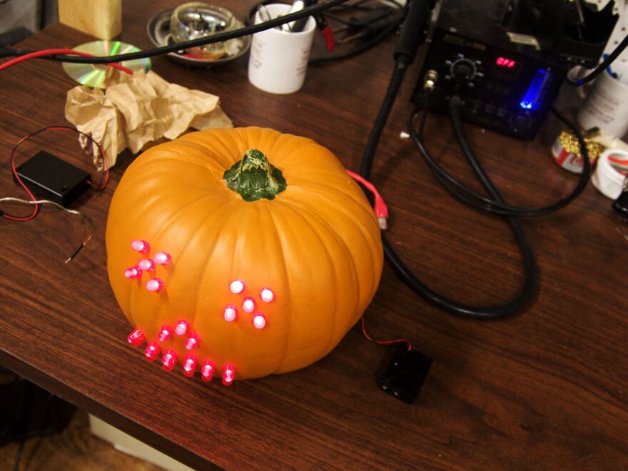 A programmable LED pumpkin at hacker space HacDC, in Washington, D.C., designed by member David Kaufman. Many Halloween purists prefer to design, rather than buy, high-tech ghouls, goblins and ghosts.