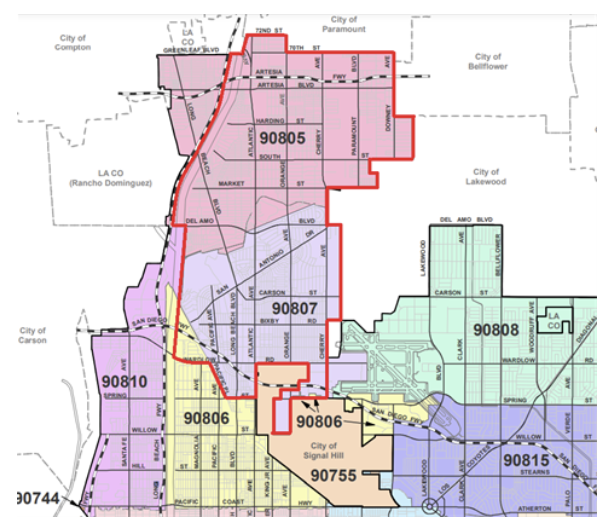 A street map of Long Beach shows different zipcodes in various shades of yellow, purple and green. A red outline of a portion of the map indicates an area where a boil water notice has been issued.