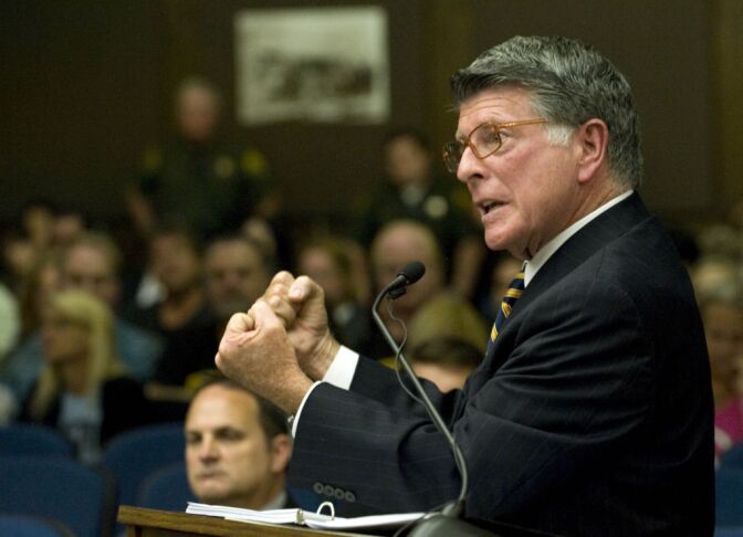Defense attorney John D. Barnett, who is representing Fullerton police officer Manuel Ramos, delivers his closing argument during day three of the preliminary hearing into the death of Kelly Thomas.