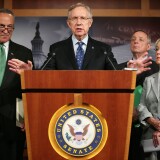 WASHINGTON, DC - JULY 26:  U.S. Senate Majority Leader U.S. Sen. Harry Reid (D-NV) (2nd L) speaks as (L-R) U.S. Sen. Charles Schumer (D-NY), Senate Majority Whip U.S. Sen. Richard Durbin (D-IL), and U.S. Sen. Patty Murray (D-WA) listen during a news conference July 26, 2012 on Capitol Hill in Washington, DC. Senate Democratic leaders called on the House to pick up the Senate-passed middle class tax cut bill.  (Photo by Alex Wong/Getty Images)