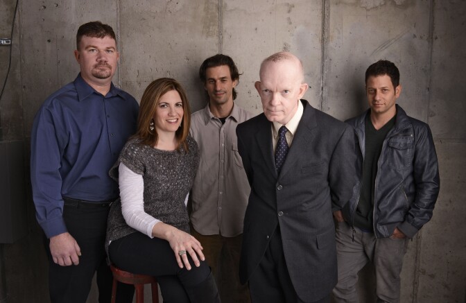 NEW YORK, NY - APRIL 18:  (L-R) Subject Mathew Leininger, directors Jennifer Grausman, Sam Cullman, subject Mark Landis and editor Mark Becker from "Art and Craft", pose for a portrait at the 2014 Tribeca Film Festival Getty Images Studio on April 18, 2014 in New York City.  (Photo by Larry Busacca/Getty Images for Tribeca Film Festival)