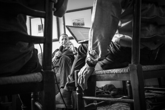 Tom Hanks recording an interview with John Horn for "The Frame" at the 43rd annual Telluride Film Festival.