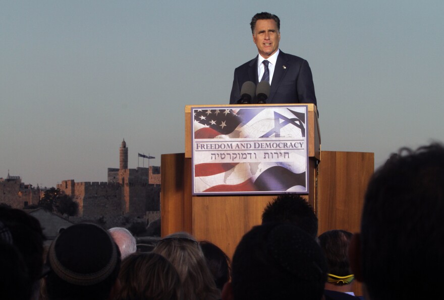 Republican party presidential candidate Mitt Romney speaks at an event in Jerusalem on July 29, 2012.