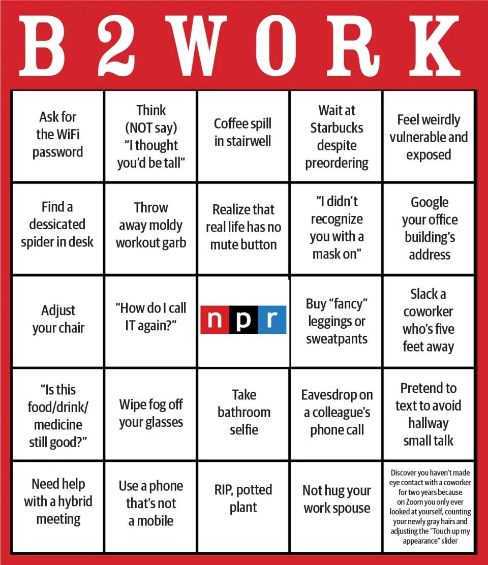 A bingo card titled "B," "2," and "WORK" at the top shows the classic game grid with the red, black, and blue NPR logo in the center box. Examples include "Find a dessicated spider in desk" and also "Slack a coworker who's five feet away."