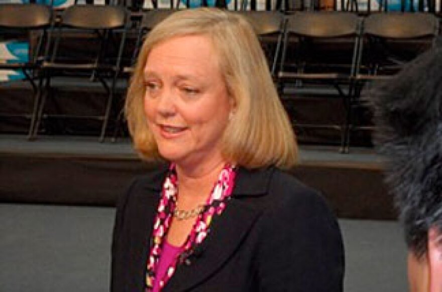 File photo: Meg Whitman at a news conference at a local business in San Diego.