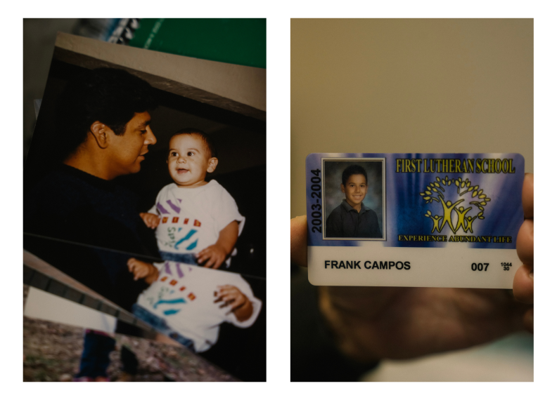 A combination of two pictures: In the first on the left, a baby is being held by his father. The second image on the right is an ID card from a middle school, showing a young man with brown skin tone.