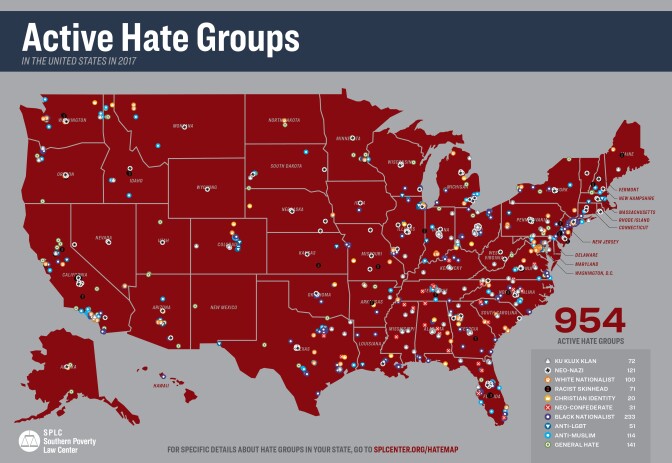 Still image of the Southern Poverty Law Center's Hate Map, which illustrates the name and location of hundreds of hate groups across the United States. 