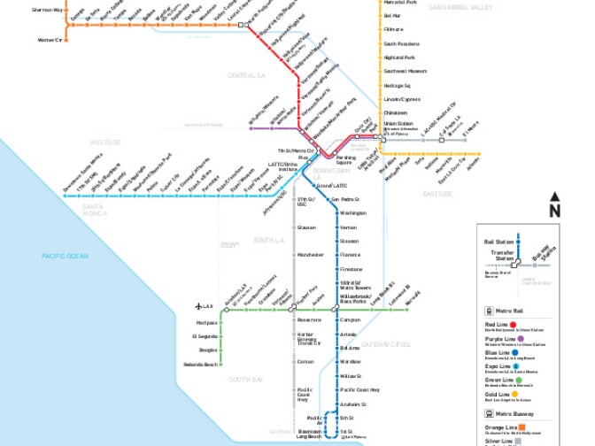 A map shows all of the transit projects that will be built with revenues from Measure M, many of which will be open by 2028.