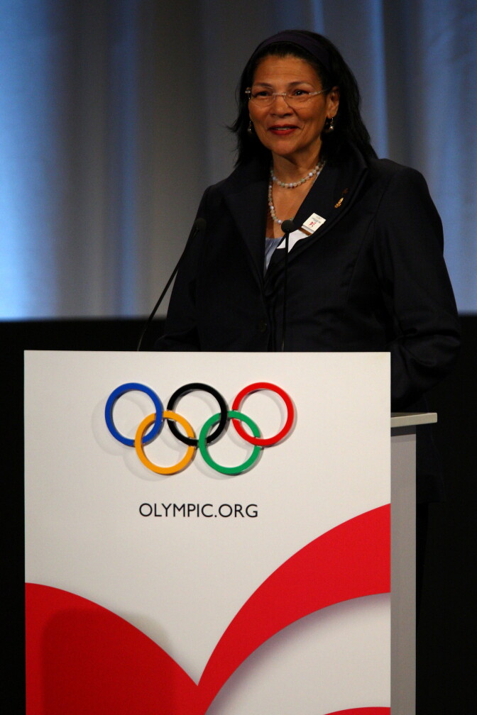 COPENHAGEN, DENMARK - OCTOBER 02:  U.S. IOC member Anita DeFrantz addresses the IOC members during the Chicago 2016 presentation on October 2, 2009 at the Bella Centre in Copenhagen, Denmark. The 121st session of the International Olympic Committee (IOC) will vote on October 2 on whether Chicago, Tokyo, Rio de Janeiro or Madrid will host the 2016 Olympic Games.  (Photo by John Gichigi/Getty Images) *** Local Caption *** Anita DeFrantz