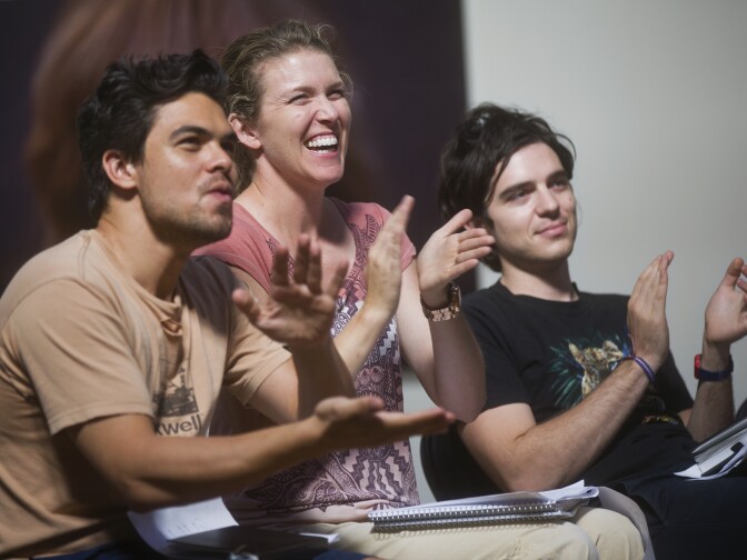 Sebastien Tobler, left, Lesley Webster and Morgan Krantz applaud after a performance of a scene from "Chinatown" during the final day of Joan Scheckel's three-day lab on Sunday, May 3, 2015 at Scheckel's Hollywood studio called "The Space."