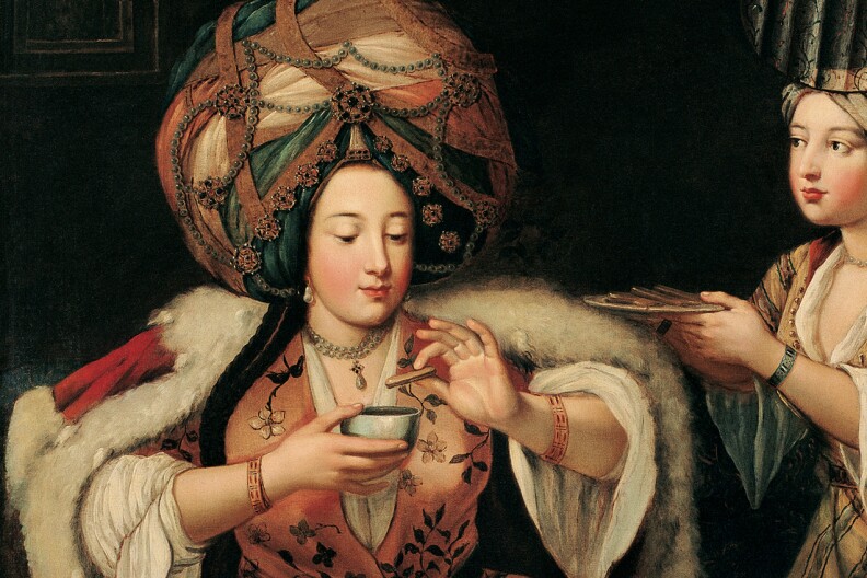 A painting depicts a royal figure enjoying a cup of coffee with a cookie. A servant to their left offers more.