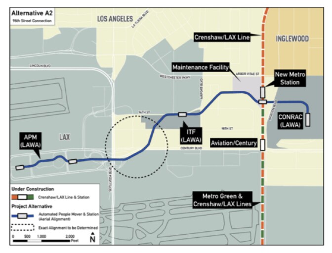 A map of the "people mover" LA World Airports could build that includes a proposed new LA METRO rail station at 96th Street and Aviation Boulevard.