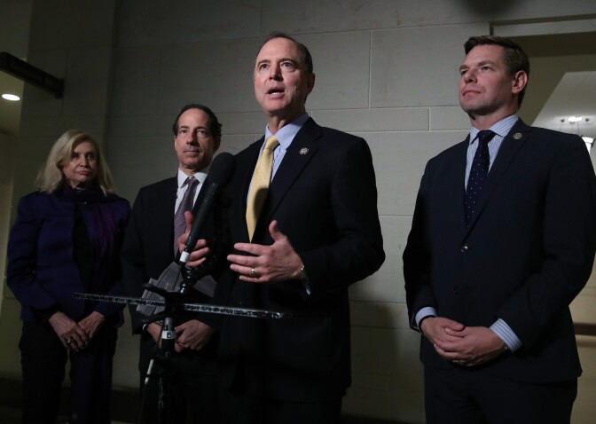 WASHINGTON, DC - OCTOBER 28: U.S. House Intelligence Committee Chairman Rep. Adam Schiff (D-CA) speaks to members of the media outside a closed session before the House Intelligence, Foreign Affairs and Oversight committees at the U.S. Capitol on October 28, 2019 in Washington, DC. Also pictured are (L-R) Rep. Carolyn Maloney (D-NY), Rep. Jamie Raskin (D-MD) and Rep. Eric Swalwell (D-CA). (Photo by Mark Wilson/Getty Images)