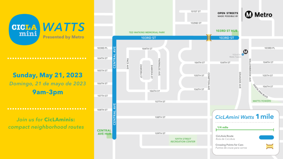 A graphic for CicLAmini: Watts, presented by Metro on Sunday, May 21. There's a road map on the right side of the image. 