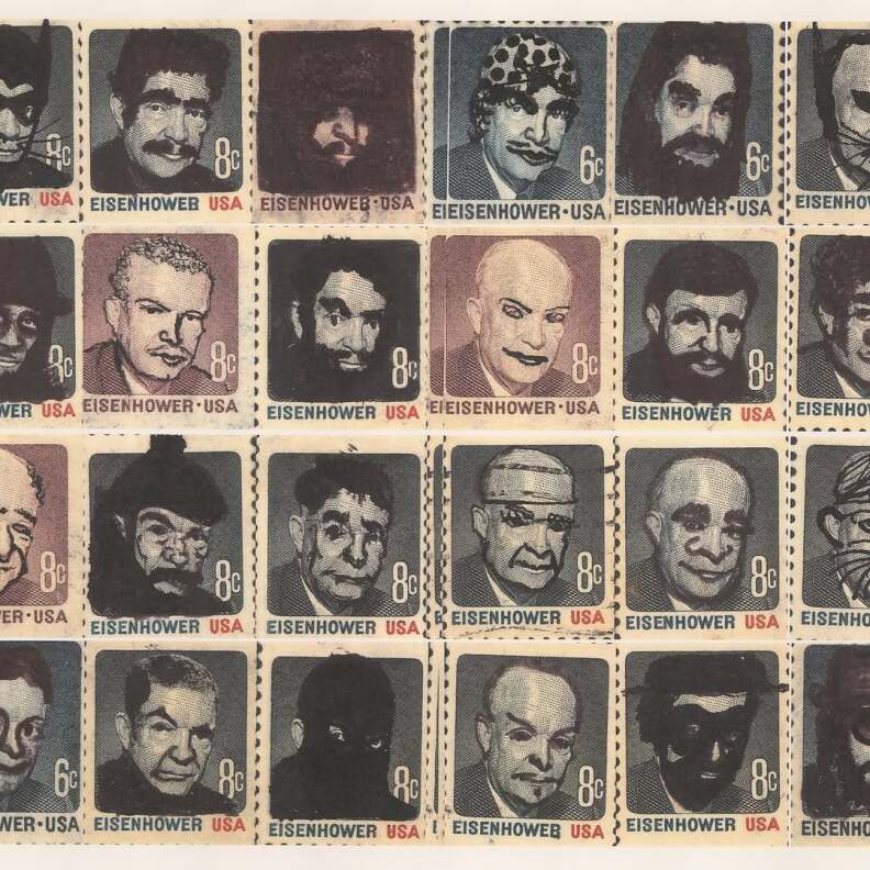 Four rows of Dwight Eisenhower stamps, all with black ink scribbled over them to make him look like different figures.