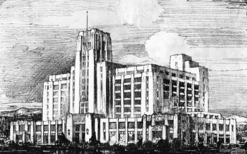 An original black and white illustration shows the Sears building with a few clouds in the sky above.