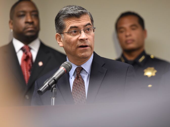 California Attorney General Xavier Becerra speaks to members of the media about the investigation of the shooting death of Stephon Clark in Sacramento, California on March 27, 2018.