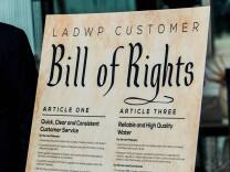 A display of the Los Angeles Department of Water and Power's Customer Bill of Rights. At a press conference Tuesday, Mayor Eric Garcetti said the department would "double down" on improving the department's customer service. 