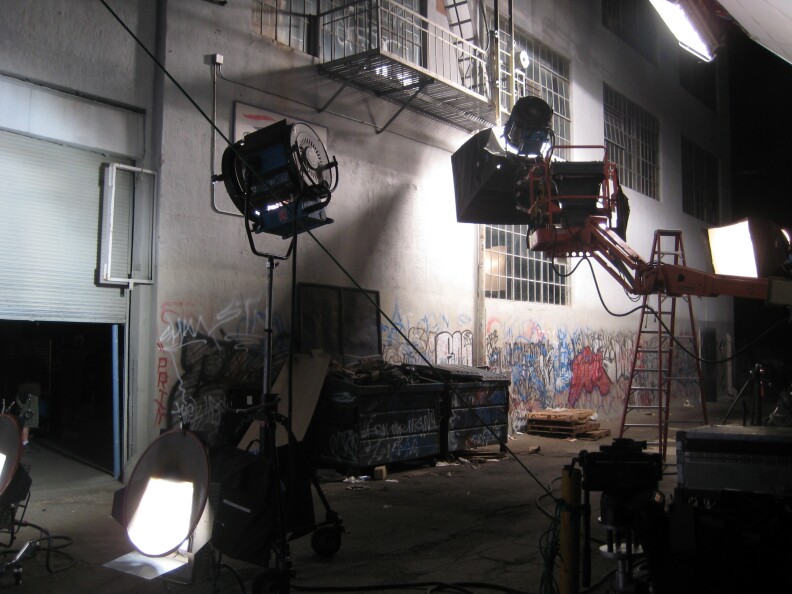 A back alley film set with a graffiti wall in downtown Los Angeles.