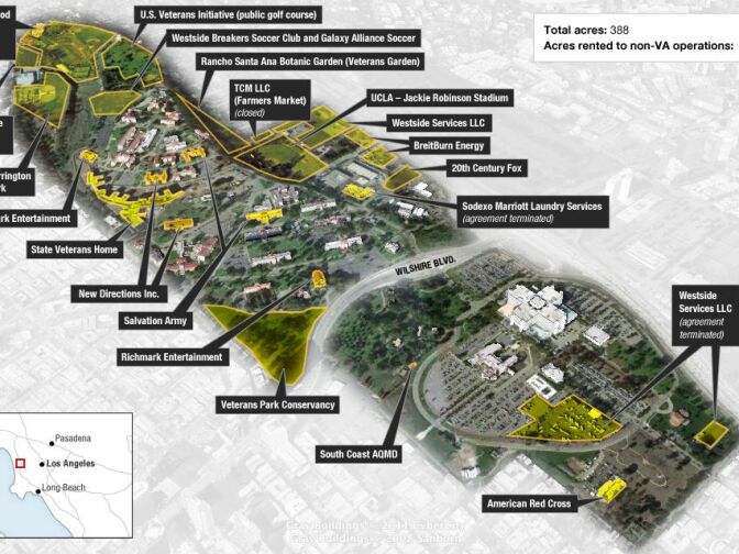 The West Los Angeles VA Health Care Center has made at least 16 long-term rental agreements, most having nothing to do with veterans services. NPR estimates the center has taken in at least $28 million and possibly more than $40 million as a result of these deals.