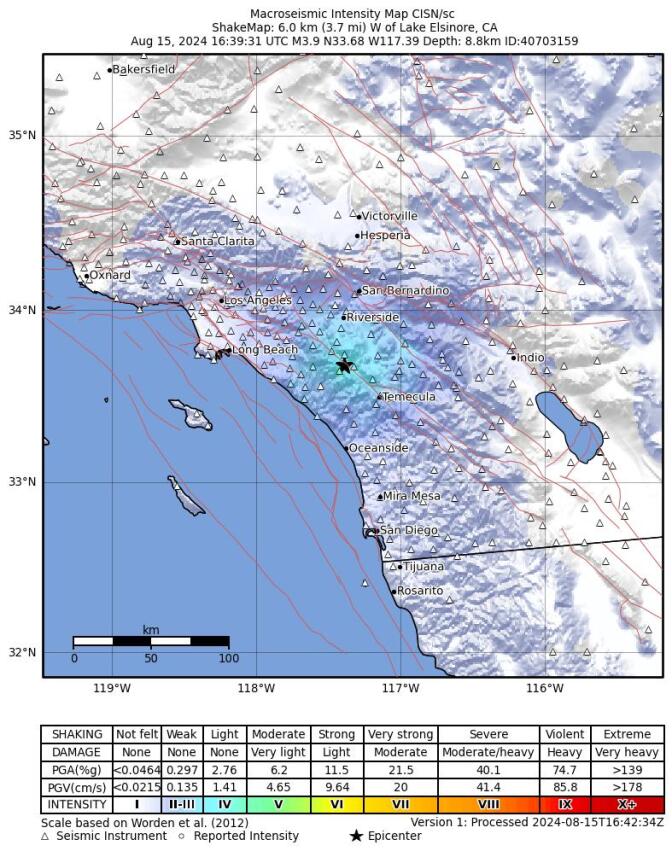 A map showing that that the shaking was centered near Lake Elsinore.