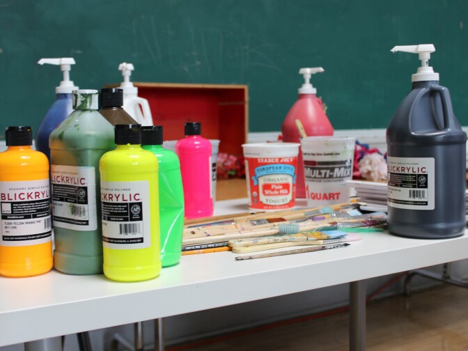 Students at the Design + Media Arts Academy, a partnership between LAUSD and artworxLA, use paint to make dioramas of places they feel safe. 