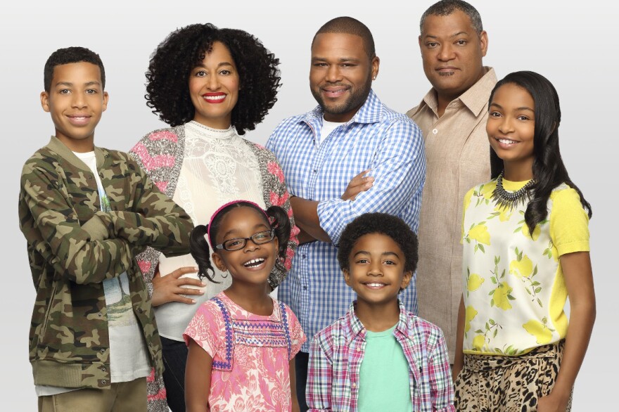 The cast of ABC's "Black-ish" (L-R) Marcus Scribner, Tracee Ellis Ross, Marsai Martin, Anthony Anderson, Miles Brown, Laurence Fishburne, Yara Shahidi
