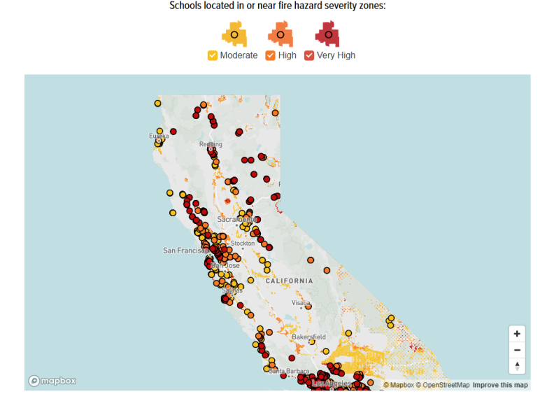 A map of California with red and yellow dots indicating schools that are located within fire hazard severity zones