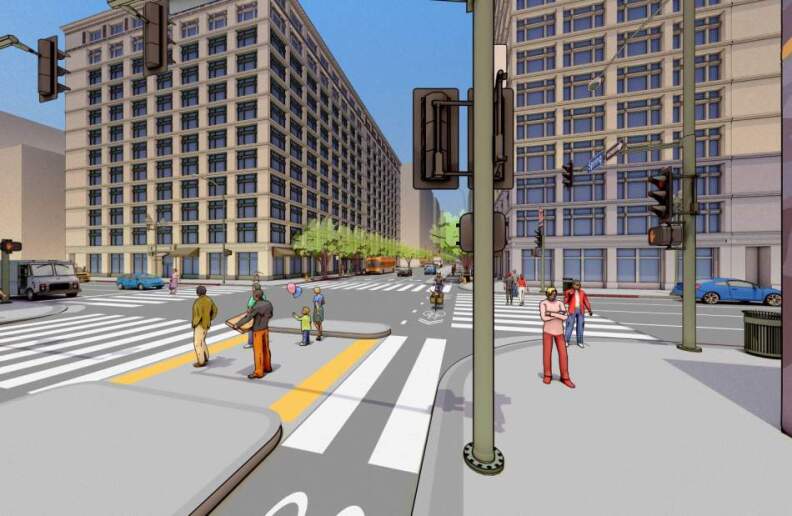 A rendering of the changes expected along Spring St in downtown L.A., to be completed in 2018. The bike lanes will be relocated on the far-left side in the direction of traffic, separated from traffic by a lane of parked cars. Plus, a concrete "island" will protect pedestrians as they wait to cross.