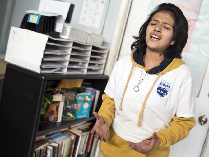 Sophomore Elvira Rodriguez recites "Royal Heart" by Andrea Gibson during a rehearsal for the semifinals and finals of the Get Lit Classic Slam poetry competition at College Bridge Academy in Watts on Tuesday afternoon, April 19, 2016. Rodriguez wrote an untitled response to Gibson's poem.