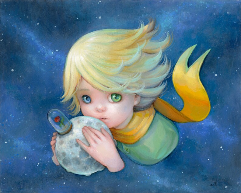 a young, blonde-haired boy with one green eye and one blue eye floats in space holding a small replica of the moon with a rose encased in glass