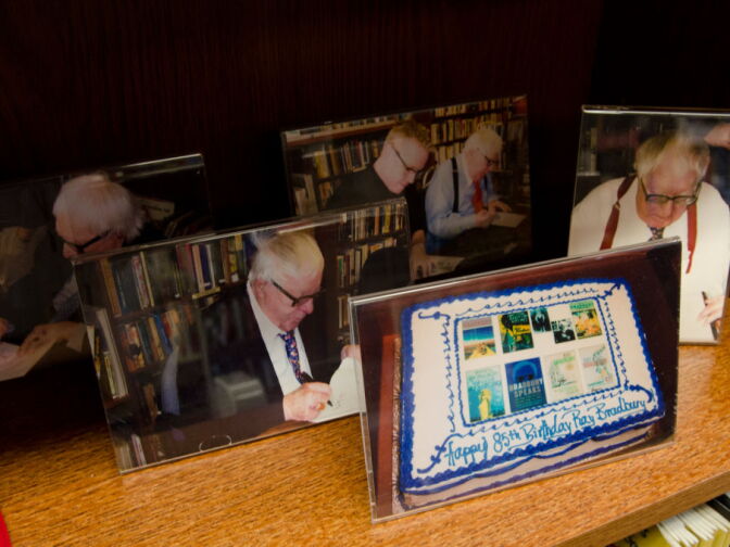 In honor of his birthday, Bradbury would have a book signing at the Mystery & Imagination bookstore.  Porto's Restaurant across the street started to cater the birthday cakes, decorating them with Bradbury book covers.