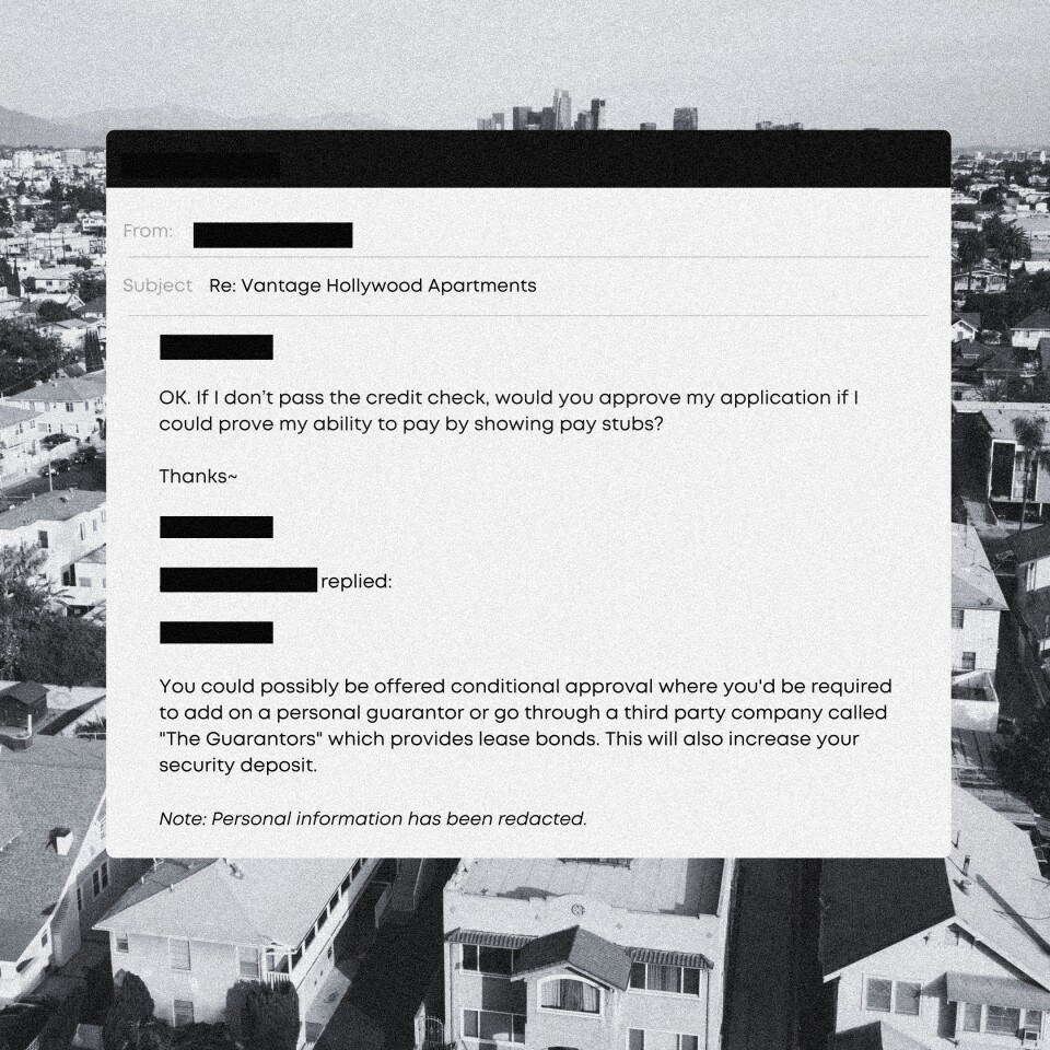 Image of an email with several heavy black lines representing redacted information. The image of an email is superimposed on a black and white aerial photo of a city filled with apartment buildings and houses.
