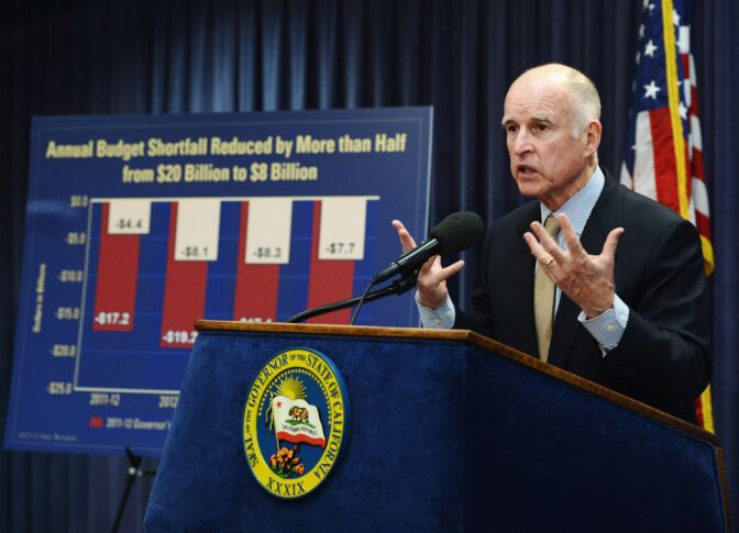 California Gov. Jerry Brown speaks during a news conference on May 14, 2012 in Los Angeles, California.  Brown proposes $8.3 billion cuts in California to help close a projected $16 billion budget shortfall.